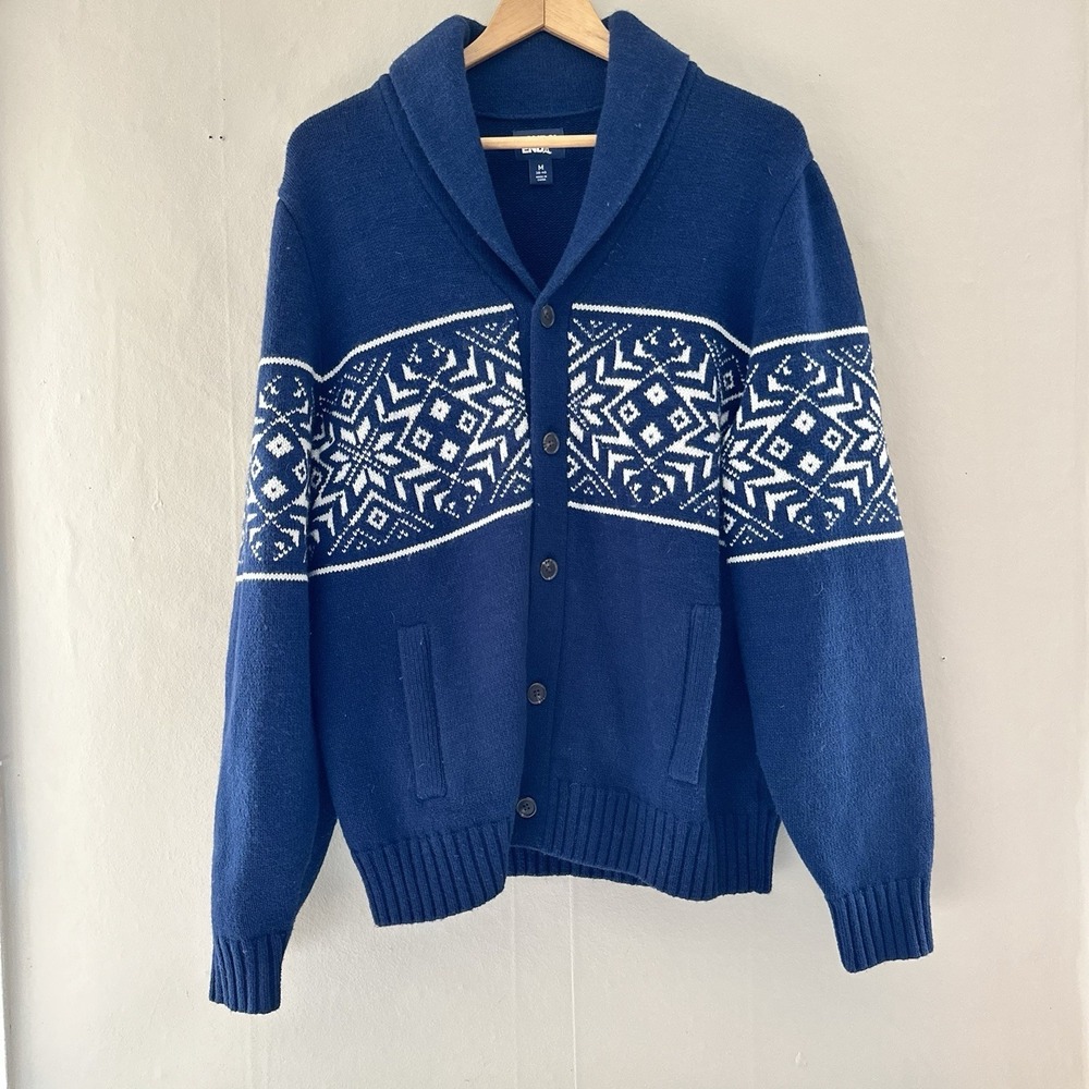 Lands End Mens Nordic Wool Cardigan Sweater Size M Blue Fair Isle Shawl Collar